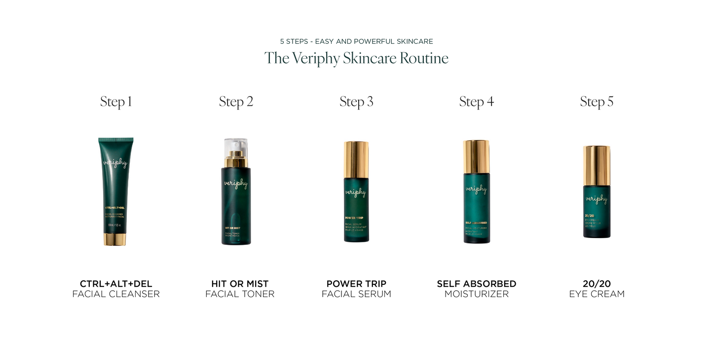 Skincare Routine Products | Veriphy Skincare. cruelty free facial cleanser 5 | face toner spray | best vegan face serum | vegan face moisturizer | veriphy 20/20 eye cream