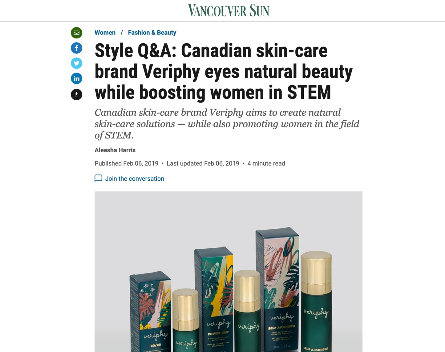 Veriphy Skincare featured in Vancouver Sun 