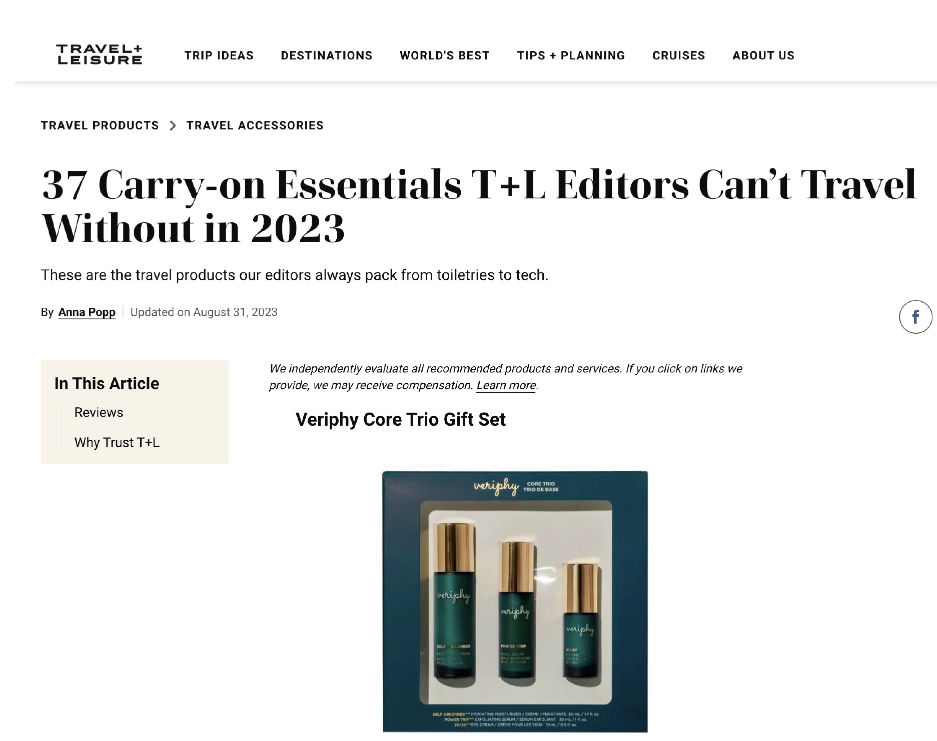 Veriphy Skincare Featured In Travel & Leisure