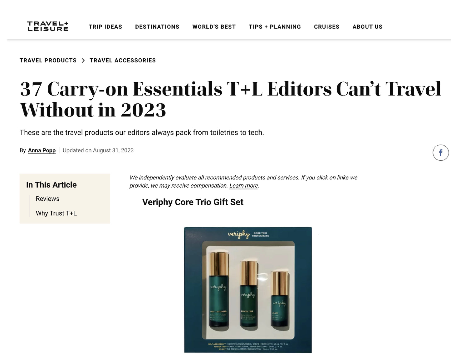 Veriphy Skincare Featured In Travel & Leisure